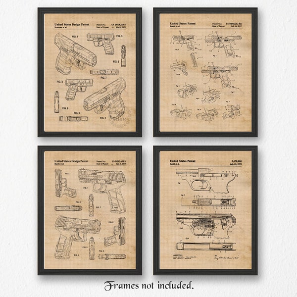 Vintage Pistols Patent Prints, 4 (8x10) Unframed Photos, Wall Art Decor for Home HK Office Garage Shop Target Range Safety Teacher Coach Fan