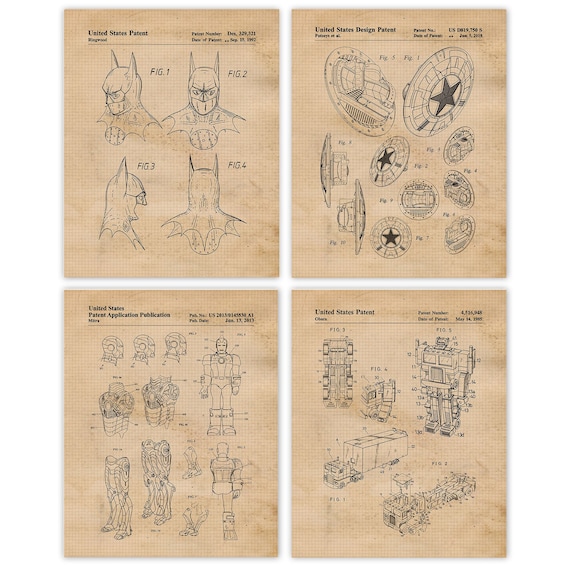 Transformers Truck Dark Knight Iron Man C America Patent Prints, 4 Unframed Photos, Wall Art Decor Gift for Home Work Office Garage ComicCon