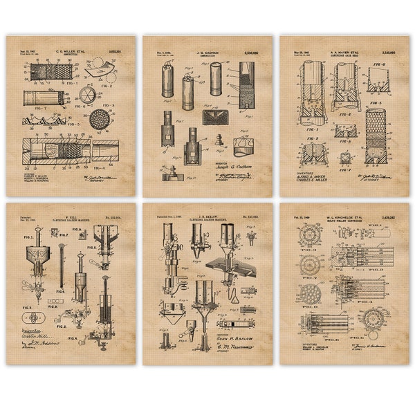 Vintage Cartridge Bullet Ammo Shell Pellet Tools Patent Prints, 6 Unframed Photos, Wall Art Decor Gifts for Home Office Garage Firearms Shop