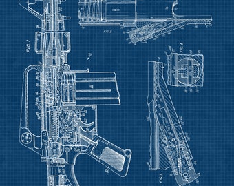 特大　ビンテージ銃器図面アートプリント木製額縁 ビンテージM16自動小銃の特許図面、額装なし写真1枚、自宅、職場