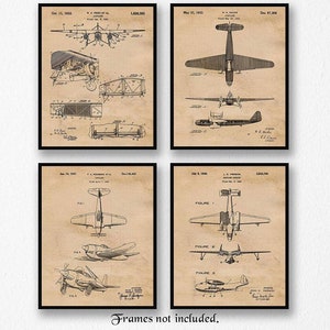 Vintage Airplanes Patent Prints, 4 Unframed Photos, Wall Art Decor for Home Office Gears Garage Student Teacher Pilot Fly Aviation Engineer