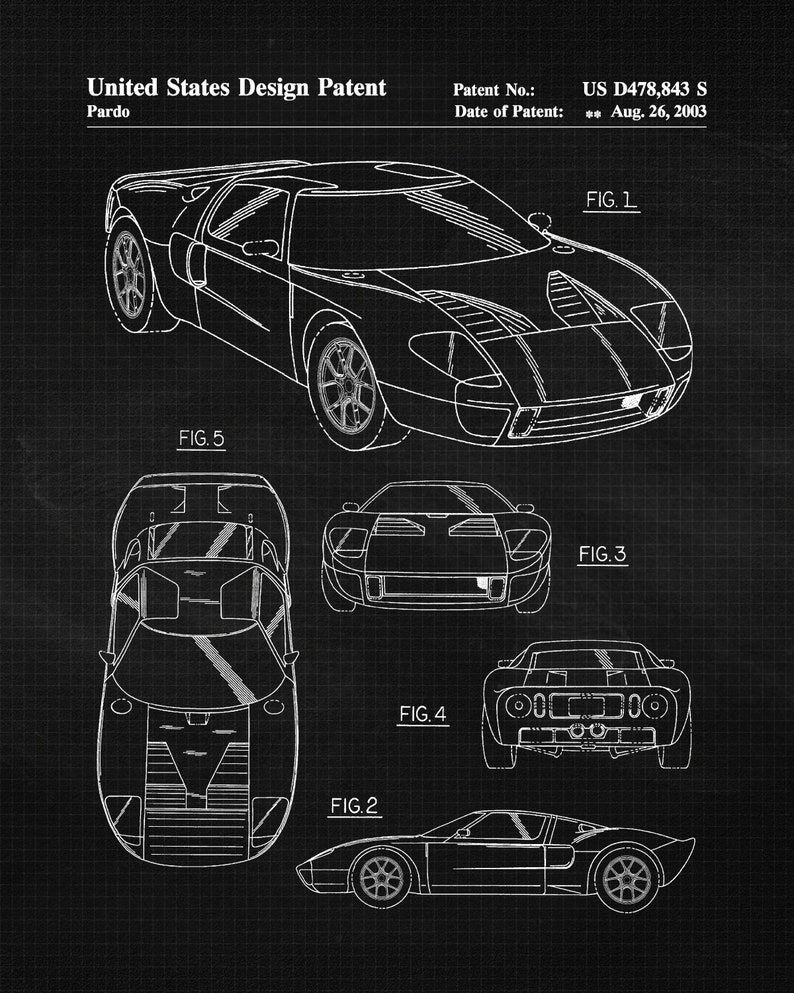 May include: A black and white line drawing of a car design patent. The patent number is US D478,843 S and the date of patent is August 26, 2003. The drawing shows five different views of the car, including the front, side, rear, and top.