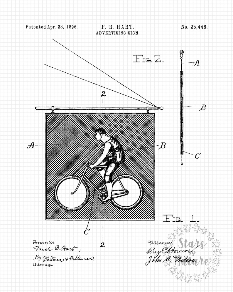 May include: A black and white patent drawing of an advertising sign. The sign features a cyclist riding a bicycle. The text on the drawing reads "Patented Apr. 28, 1896. F. B. HART. ADVERTISING SIGN. No. 25,448."