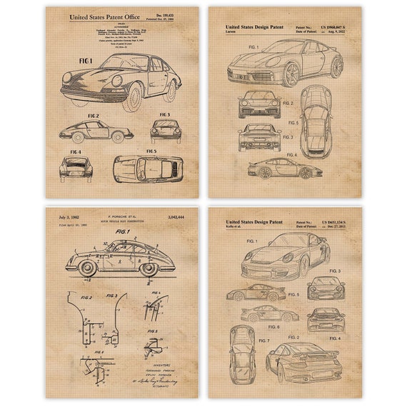Classic Auto 911 Patent Prints, 4 Unframed Photos, Wall Art Decor