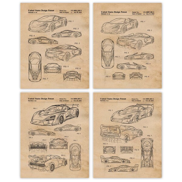 Vintage Auto Patent Prints, 4 Unframed Photos, Wall Art Decor Gifts for Home McLaren Office Garage Shop College Student Teacher Engineer Fan