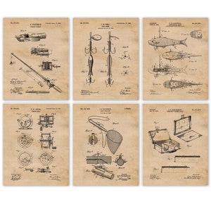 Vintage Fishing Patent Prints, 6 Unframed Photos, Wall Art Decor Gifts for Home Office  Fisherman Bait Gears Shop Hiking Camping Explorer