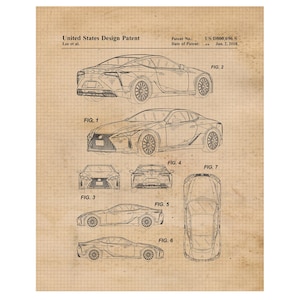 May include: A vintage-style blueprint of a car design patent, featuring multiple views of the vehicle. The text "United States Design Patent" and patent information are visible. The design includes front, side, and top views of the car.