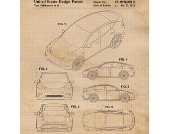 Tesla Model Y Patent Prints, 1 ungerahmte Fotos, Wandkunst, Dekor für Zuhause Arbeit Büro Tech Garage Shop Schule Techniker Studenten Lehrer Trainer