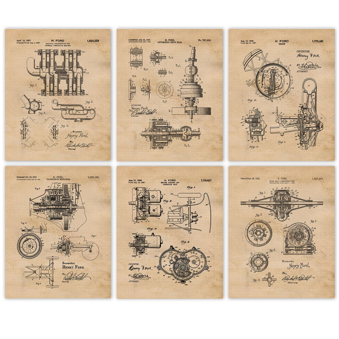 Vintage Car Engine Mechanical Patent Prints, 6 Unframed Photos, Wall ...