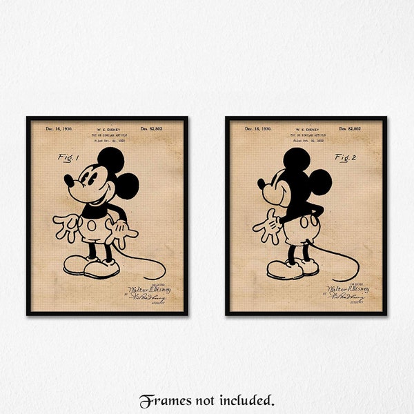 Vintage Mickey Mouse Patent Prints, 2 Unframed Photos, Wall Art Decor Gifts for Home Office Man Cave Garage Student Teacher Coach Disney Fan