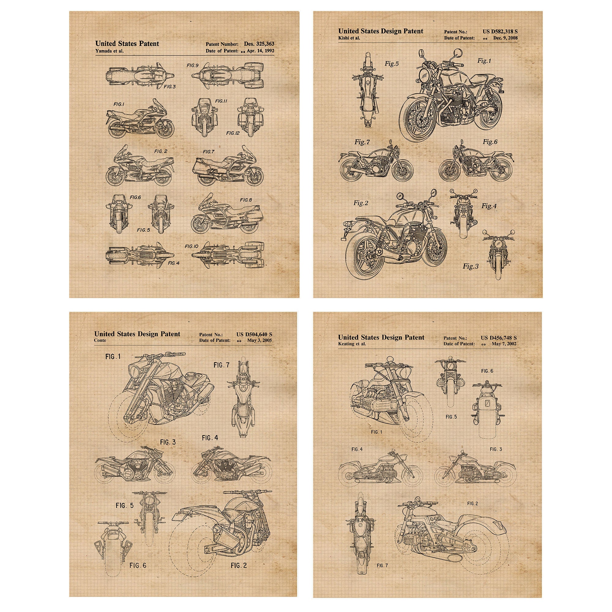 Classic Motorcycles Patent Prints, 4 Unframed Photos, Wall Art