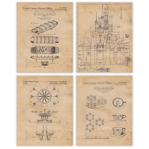 Classic Fantasyland Amusement Rides Patent Prints, 4 Unframed Photos, Wall Art Decor Gift for Home Walt Disney Work Office Student Teacher