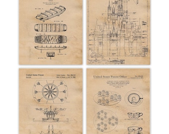 Vintage Fantasyland Amusement Rides Patent Prints, 4 Unframed Photos, Wall Art Decor Gifts for Home Office Student Teacher Walter Disney Fan