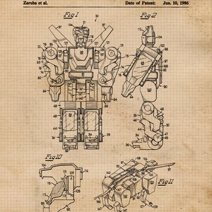 May include: A black and white line drawing of a robot toy on a gridded background. The drawing is labeled "Fig. 1", "Fig. 2", and "Fig. 10". The patent number 4,594,071 and date June 10, 1986 are also included in the drawing.