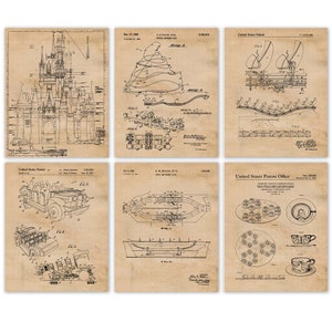 Vintage Vergnügungsfahrten #10 Patentdrucke, 6 ungerahmte Fotos, Wand-Kunst-Dekor-Geschenke für Zuhause Walter Disney-Arbeitsamt Büro-Schule-Schüler-Schüler-Lehrer