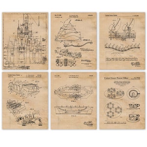 Vintage Amusement Rides #10 Patent Prints, 6 Unframed Photos, Wall Art Decor Gifts for Home Office Man Cave Student Teacher Walt Disney Fans