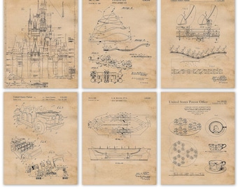 Vintage Amusement Rides #10 Patent Prints, 6 Unframed Photos, Wall Art Decor Gifts for Home Walter Disney Work Office School Student Teacher