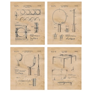 May include: Four vintage patent prints of table tennis equipment. The prints are on aged paper and include detailed diagrams of a table tennis ball method, a table tennis bat, and a table tennis table.