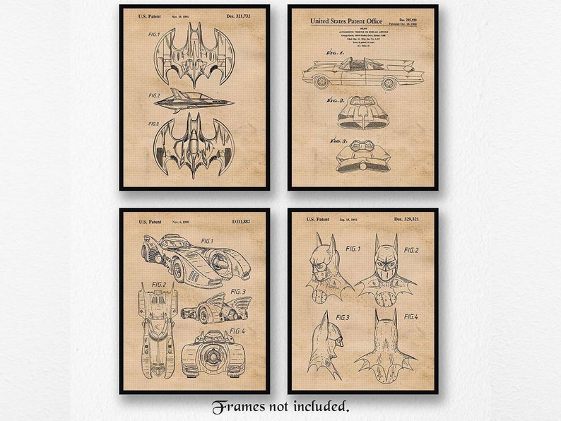 Vintage Movie Superhero Characters Patent Prints, 4 Unframed Photos, Wall Art Decor Gifts for Home Office Man Cave College Student Comic-Con 