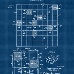 Vintage Scrabble Game Patent Prints, 1 Unframed Photo, Wall Art Decor for Home Office Man Cave Student Teacher Coach Family Night Gaming Fan Blue