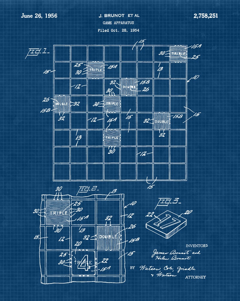 Vintage Scrabble Game Patent Prints, 1 Unframed Photo, Wall Art Decor for Home Office Man Cave Student Teacher Coach Family Night Gaming Fan Blue