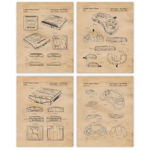 Vintage Sega Video Game Patent Prints, 4 Unframed Photos, Wall Art Decor for Home Office Studio Student Man Cave Electronic Gamers Gaming