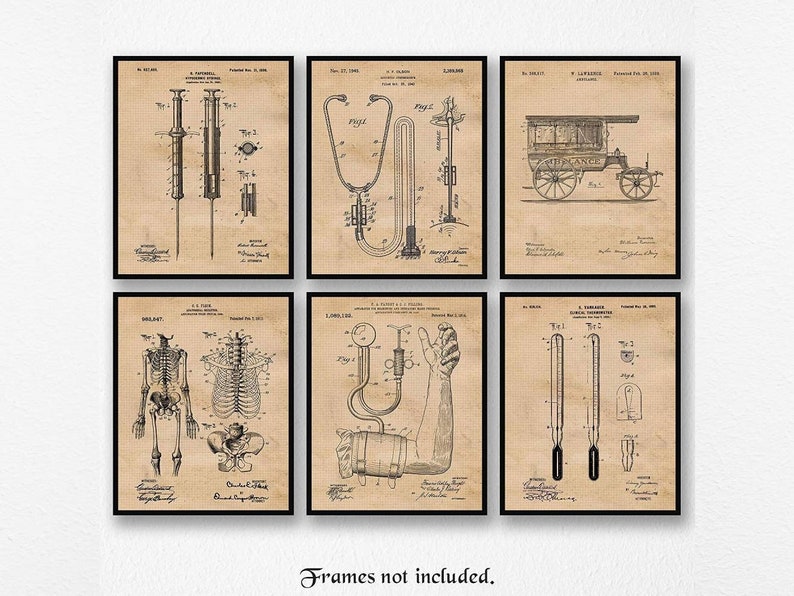 May include: Set of six vintage medical illustrations printed on aged paper. The illustrations include a syringe, stethoscope, a medical cart, a skeleton, a blood pressure cuff, and a thermometer. Each illustration is framed in a black frame.