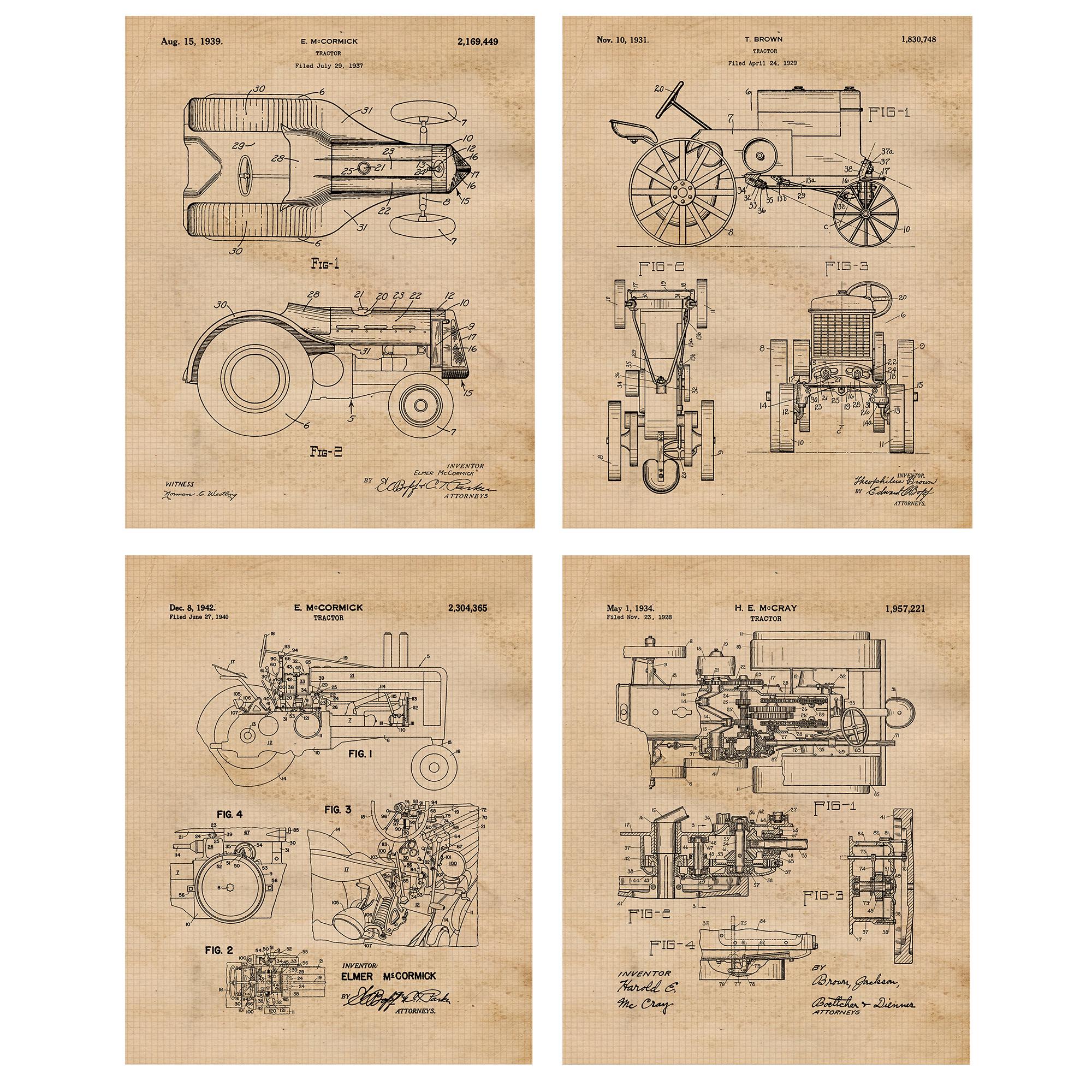 Vintage Farming Tractor Patent Prints, 4 Unframed Photos, Wall Art
