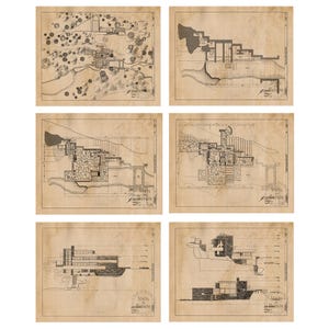 Klassieke huisplattegrondafdrukken, 6 niet-ingelijste foto's, kunst aan de muur decor voor thuis Fallingwater kantoor architect studenten Frank Lloyd Wright Studio