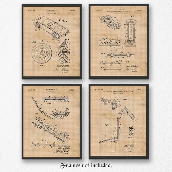 Vintage Toy Patent Prints, 4 Unframed Photos, Wall Art Decor Gifts for Home Office Man Cave Garage Shop Student Teacher Hot Wheels Cars Fan