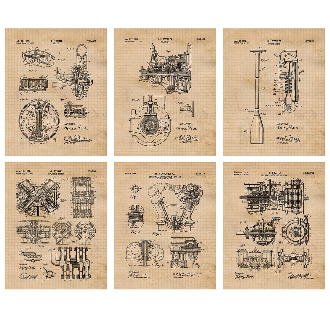 Vintage Henry Ford Car Engine Auto Parts Patent Prints, 6 Unframed ...