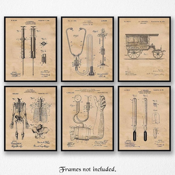 Nurse Doctor Medical Gift Vintage Patent Prints, 6 Unframed Photos, Wall Art Decor for Home Office Man Cave Med Student Teacher ER Caregiver