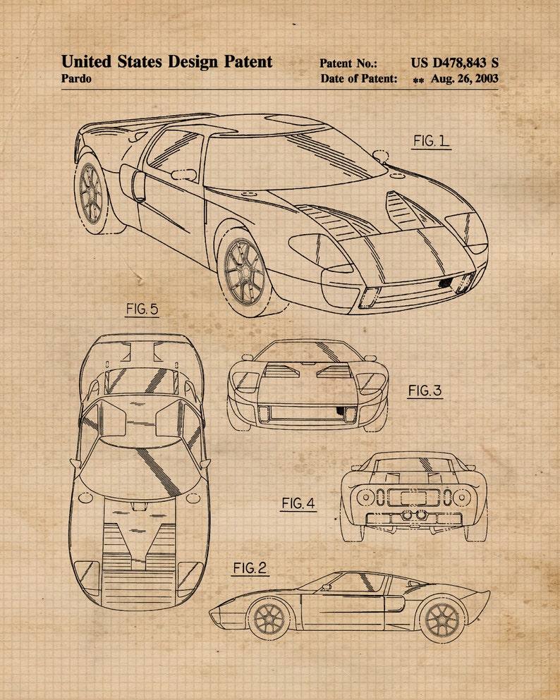 May include: A black and white line drawing of a Ford GT40 race car. The drawing shows the car from five different angles: front, side, rear, top, and bottom. The drawing is on a gridded background with the text "United States Design Patent" and "US D478,843 S" at the top.