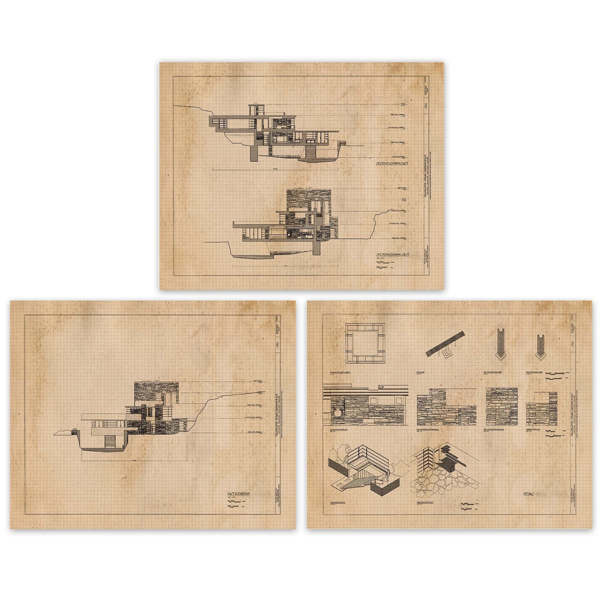 Vintage House Floor Plan Prints, 9 Unframed Photos, Wall Art Decor for Home Office Architect Students Frank Lloyd Wright Fallingwater Studio