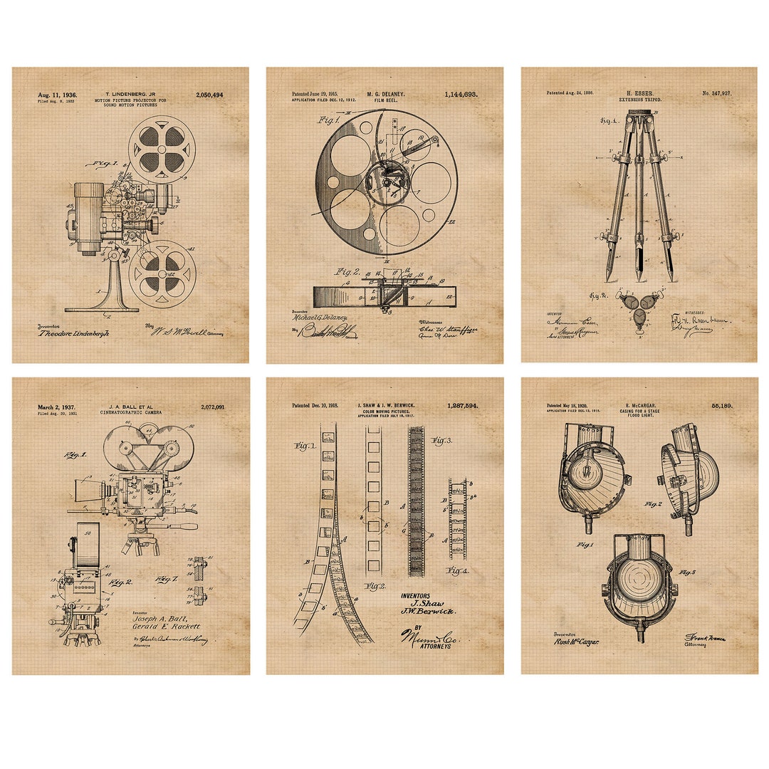 Vintage Filmmaking Camera Equipment Patent Prints, 6 Unframed Photos