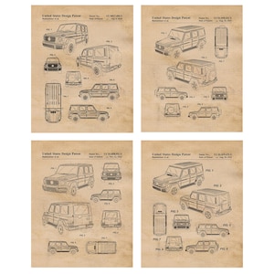 May include: Four vintage-style prints featuring detailed blueprints of a vehicle design. Each print showcases various views and angles of the vehicle, with technical drawings and labels. The prints are on aged paper, giving them a classic aesthetic.