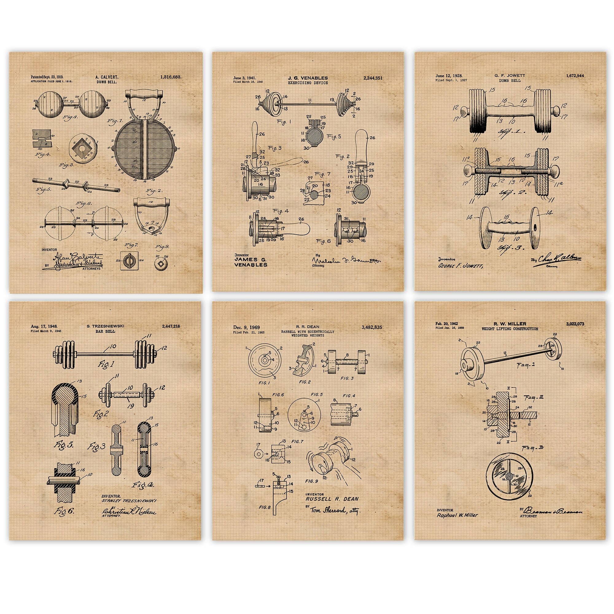 Vintage Gym Weights Barbells Patent Prints, 6 Unframed Photos, Wall Art Decor for Home Office Crossfit Garage Fitness Student Teacher Coach