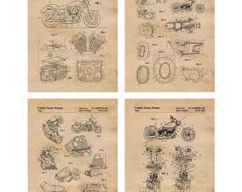 Classic Motorcycle Patent Prints, 4 Unframed Photos, Wall Art Decor for Home Work Office Harley Davidson Garage Shop Student Teacher Coach