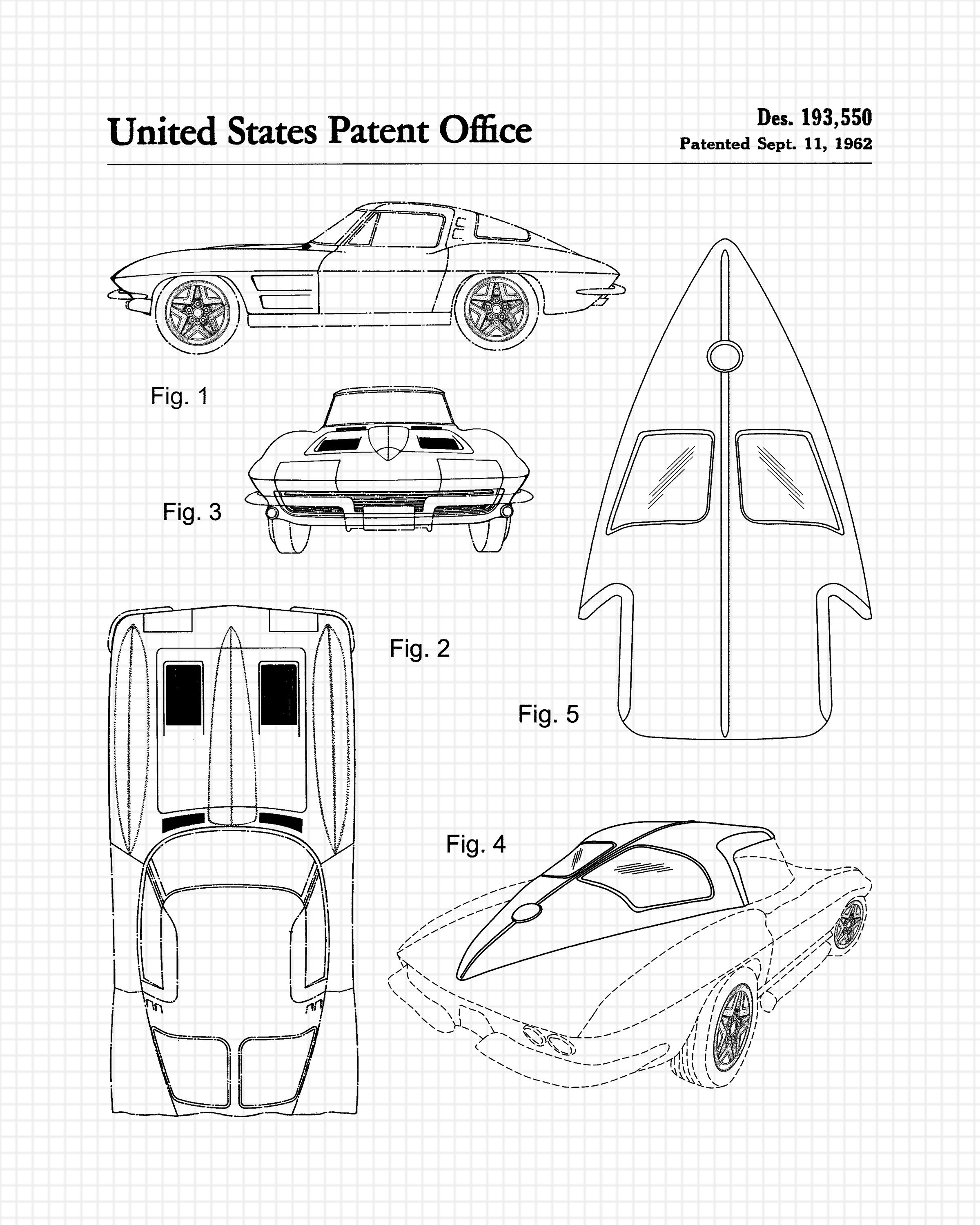 Classic Chevy Corvette Patent Prints, 4 Unframed Photos, Wall Art