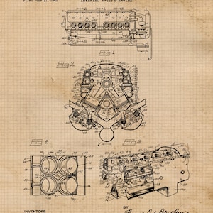 Classic American Muscle Car Engine Patent Prints, 4 Unframed Photos ...