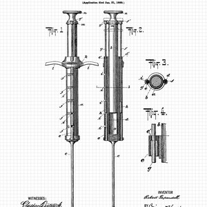 May include: A black and white line drawing of a hypodermic syringe patent from 1899. The patent drawing shows a detailed illustration of the syringe's components and how it works. The patent number is 637,405 and the inventor is Robert Papendell.
