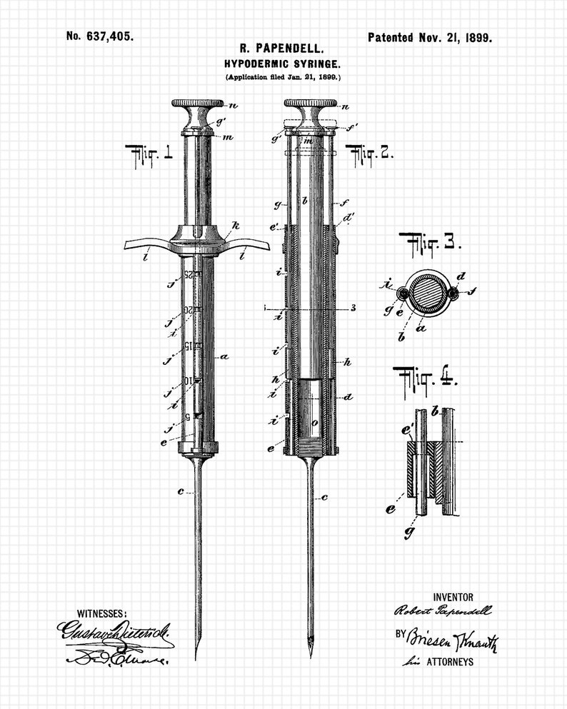 May include: A black and white line drawing of a hypodermic syringe patent from 1899. The patent drawing shows a detailed illustration of the syringe's components and how it works. The patent number is 637,405 and the inventor is Robert Papendell.