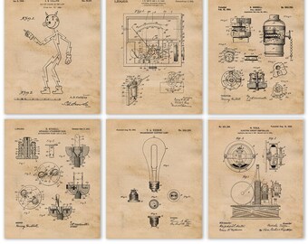 Electric Plug Lightbulb Patent Prints, 6 Unframed Photos, Wall Art Decor Gifts for Home Office Garage Student Teacher Electrician Builder