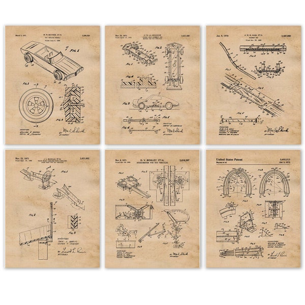 Vintage Toy Cars Patent Prints, 6 Unframed Photos, Wall Art Decor Gifts for Home Hot Wheels Office Diecast Garage Shop Student Teacher Coach