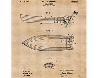 Classic Boat Sea Skiff Patent Prints, 1 Unframed Photos, Wall Art Decor for Home Work Office Marine Marina Dock Shop Student Teacher Coach