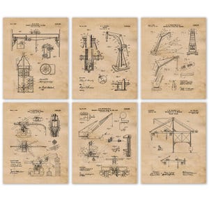 Vintage Crane Tools Systems Patent Prints, 6 Unframed Photos, Wall Art Decor Gifts for Home Office Man Cave Construction Builder Shipper Fan