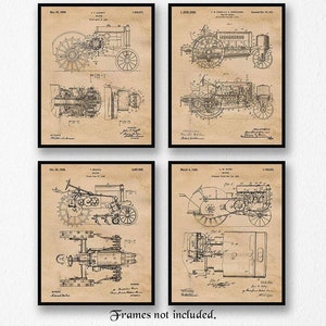 Vintage Farming Tractor Patent Prints, 4 Unframed Photos, Wall Art Decor Gifts for Home Office John Deere Garage Student Farmer Aggies Fans
