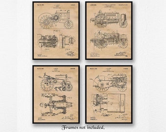 Vintage Farming Tractor Patent Prints, 4 Unframed Photos, Wall Art Decor Gift for Home Office John Deere Work Garage Student Country Farmer