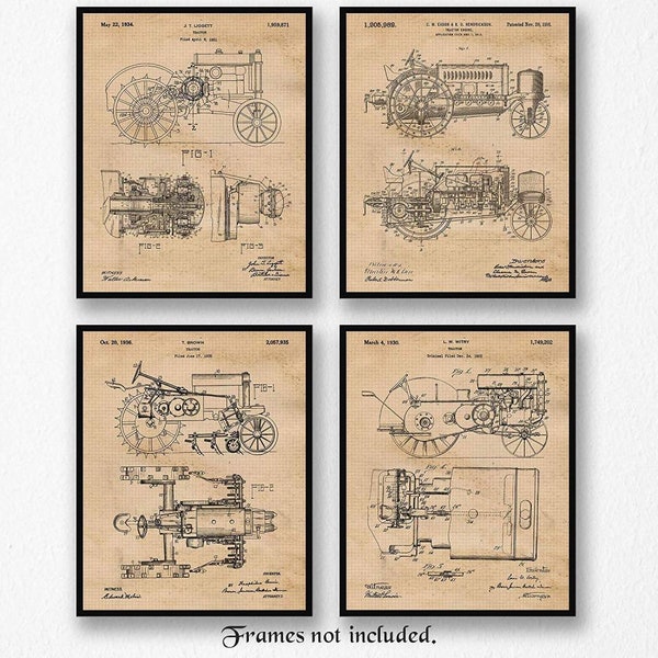 impressions de brevet de tracteur agricole vintage, 4 photos sans cadre, cadeaux de décoration d'art mural pour le bureau à domicile John Deere Garage étudiant agriculteur aggies fans