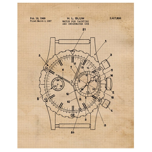 Vintage Diver Watch Mechanical Timepiece Patent Prints, 4 Unframed Photos, Wall Art Decor for Home Rolex Office Studio Student Teacher Coach